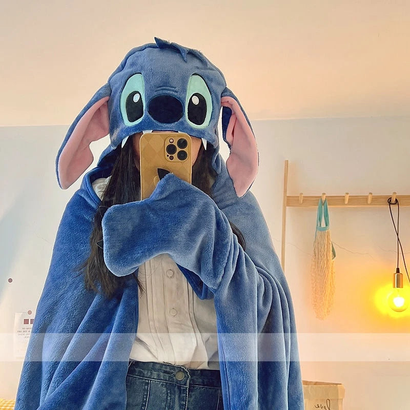 Stitch Hooded Cloak Blanket Cartoon Anime Thickened Big Blanket With Hat Stitch Warm Blanket Student Office Nap Blanket Girl