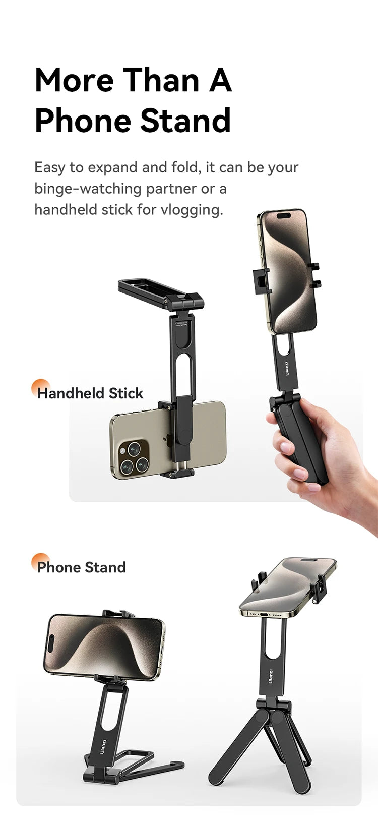 ULANZI MA26 Foldable Phone Tripod -Pocket Cell Phone Vlog Video Tripod Aluminium Desk Stand 2 Cold Shoe Selfie Stick for iPhone