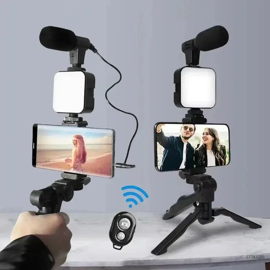 Tripod Phone Holder Smartphone Vlogging Kit With Mini Microphone LED Fill Light Starter For TikTok Live Stream Video YouTube