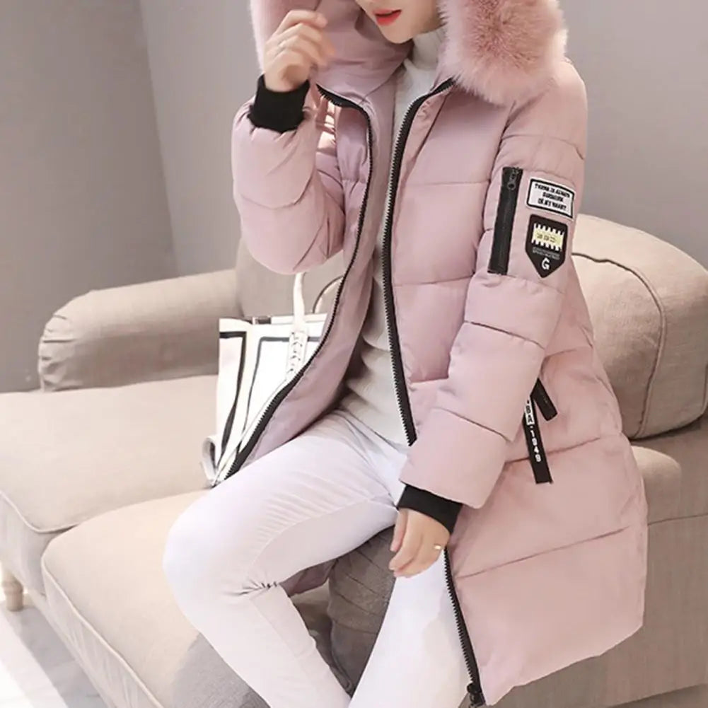 Women Winter Cotton Coat Hooded Mid Length Outerwear Windproof Warm Long Sleeve Jacket Solid Color Slim Fit Lady Down Coat