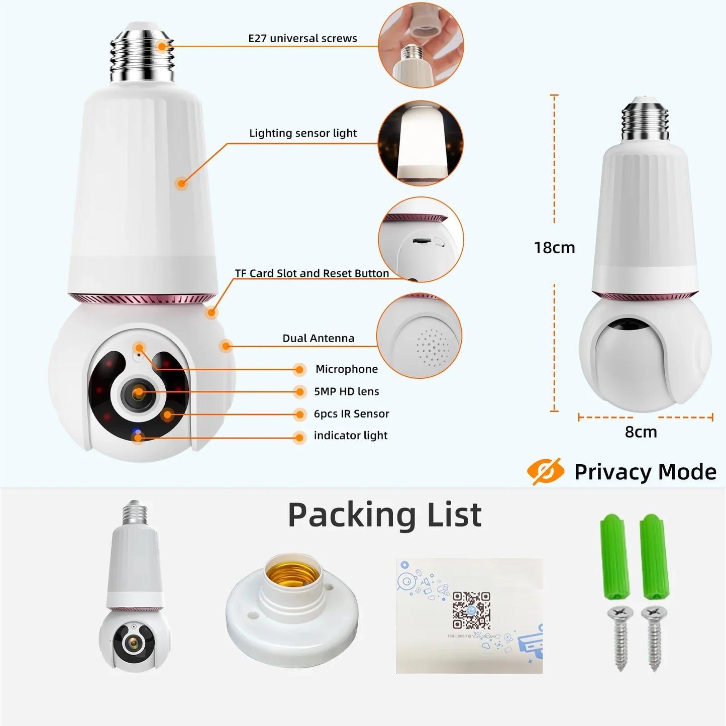 8MP Wifi E27 Bulb Surveillance Camera Wireless Color Night Vision Automatic Human Tracking Security Baby Monitor CCTV IP Camera