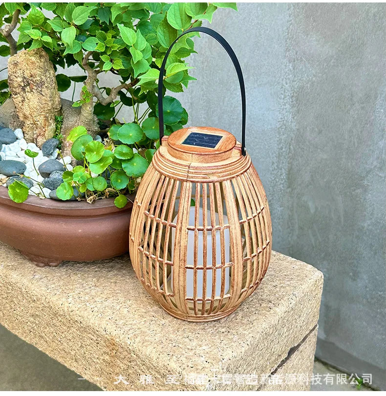 Outdoor Solar Imitation Rattan Lantern Courtyard Balcony Garden Decoration Candle Lights Creative Atmosphere Bamboo Chandelier