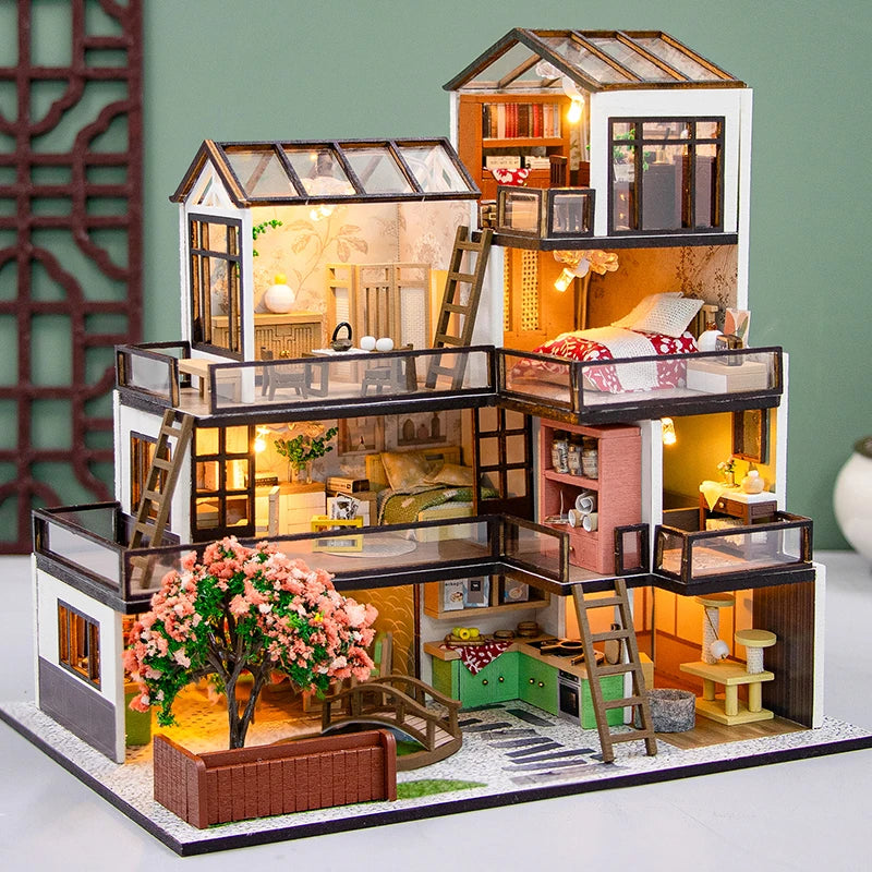 DIY Wooden Doll Houses Dream Town Casa Miniature Building Kit Villa Dollhouse with Furniture Led Lights for Girls Birthday Gifts