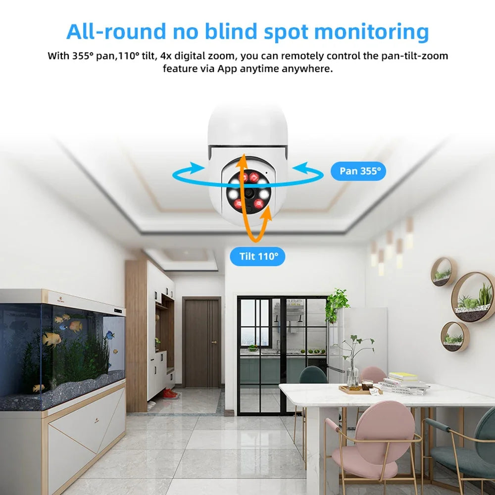 E27 Bulb Wifi Camera Full Color Night Vision House Surveillance Cameras Automatic Human Tracking 4X Zoom Indoor Security Monitor