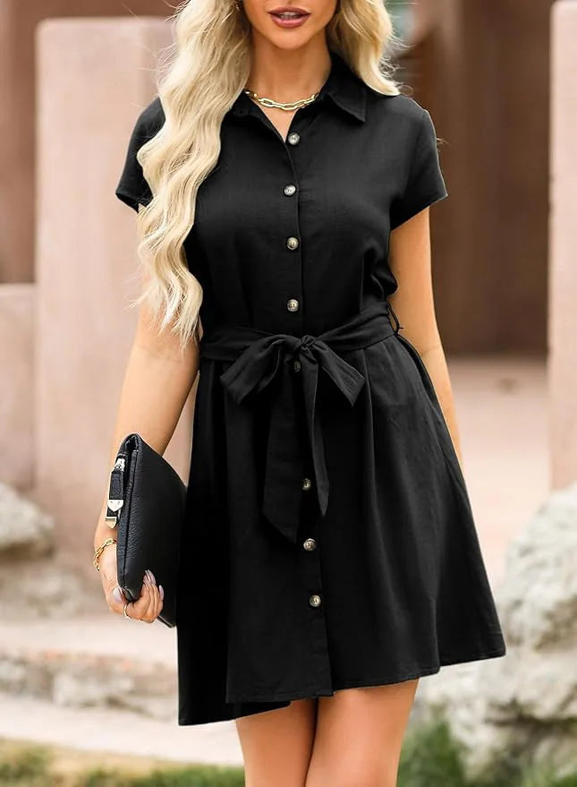 Women's Summer Dress 2024 New Women Lapel Single-breasted Ribbon Women's Summer Sundresses Female Pure Color Commute Dress