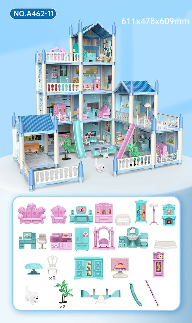 Doll Houses 3D Assembled DIY Miniatures Dollhouse Accessories Villa Princess Castle with LED Light Girl Birthday Gift Toy House