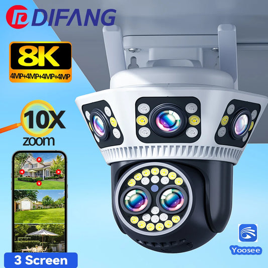 New 8K WiFi Camera Outdoor 10X Zoom Three Screen PTZ Video Surveillance Yoosee Street Dome 16MP Security-Protection CCTV Cameras