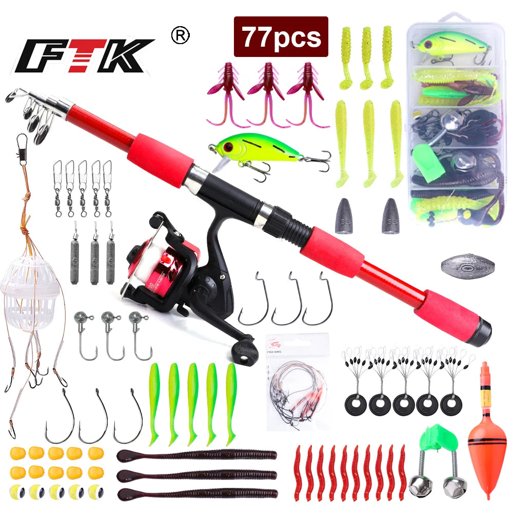 FTK 1.8/2.1m Telescopic Fishing Rod Reel Combo Full Kit Carbon Fiber Rod Pole Spinning Reel Fishing Bag Case Pesca Gear Set