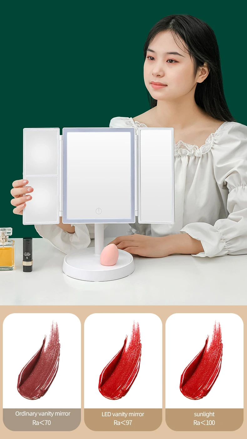 Tri-Folding LED Vanity Makeup Mirror Touch Screen 3 Tone Light 2X/3X Magnifying 360° Rotate Rechargeable Dimming Make Up Mirror