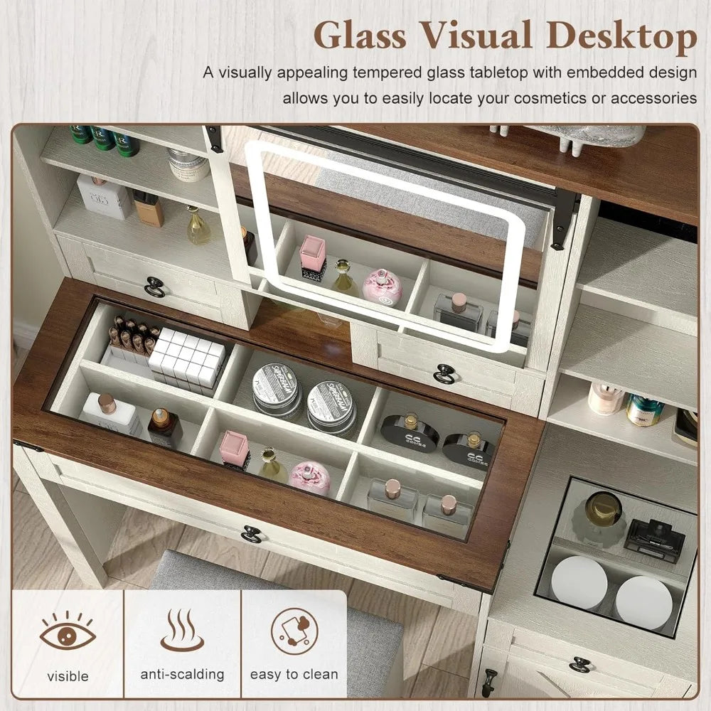 Vanity Set for Bedroom with Sliding Mirror and Lights, 42" Glass Top Vanity Table with Charging Station & 4 Drawers & 2 Cabinets