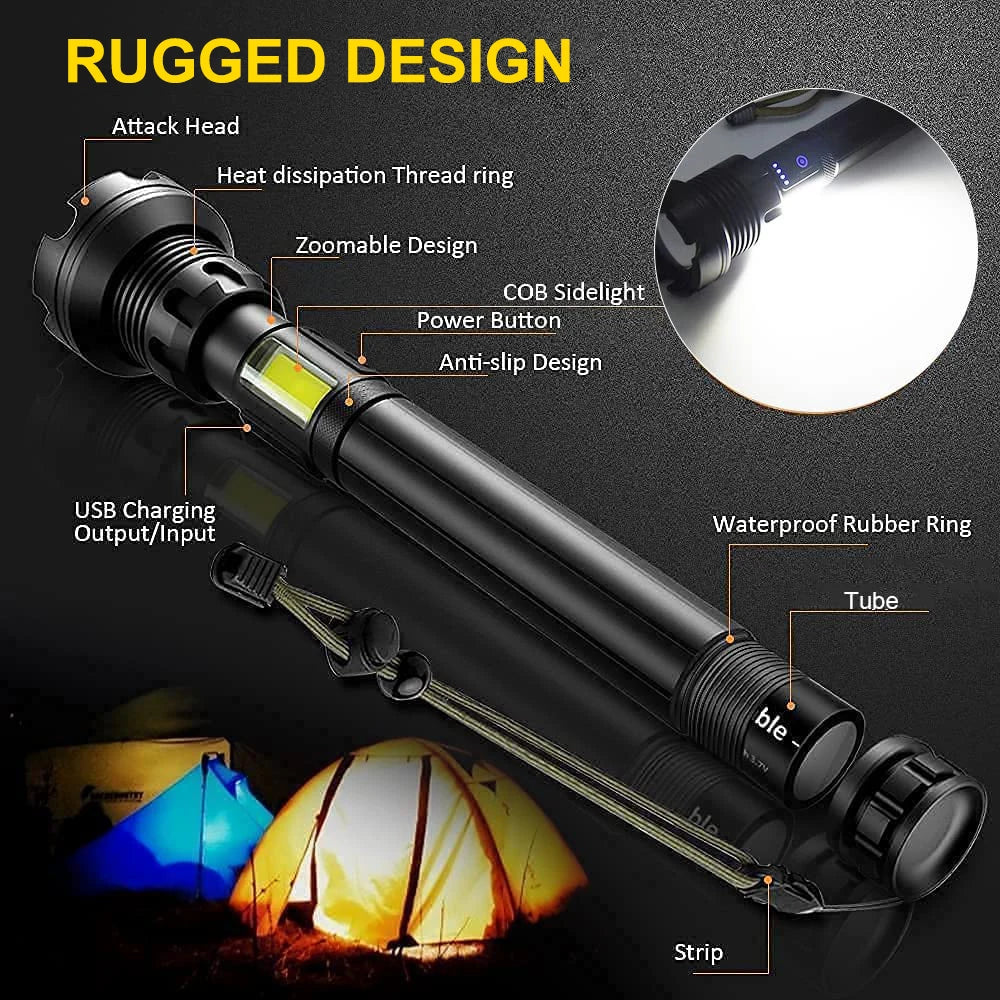 90000 Lumens LED Tactical Flashlight Rechargeable XHP90 USB Zoomable 7Modes Super Bright Floodlight Spotlight Torch Light