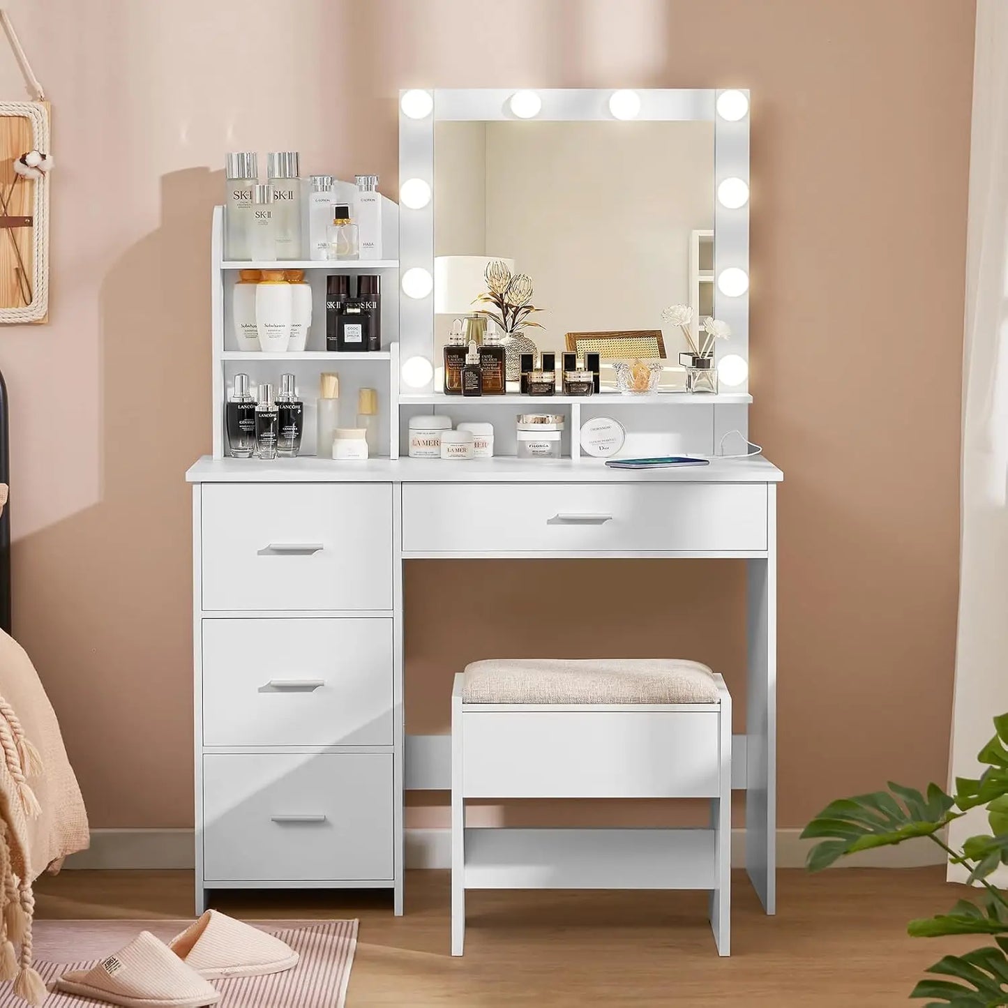 Makeup Vanity with 10 Light Bulbs and Charging Station, Vanity Desk with Lighted Mirror & 4 Drawers Chest, Vanity Set,NEW USA