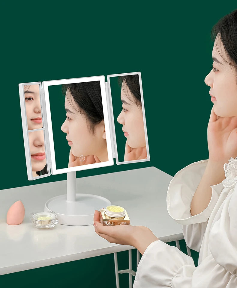 Foldable Makeup Mirror with LED Light 3 Tone Lights Desktop Vanity Mirror 2X/3X Magnifying 360° Adjustable Rechargeable