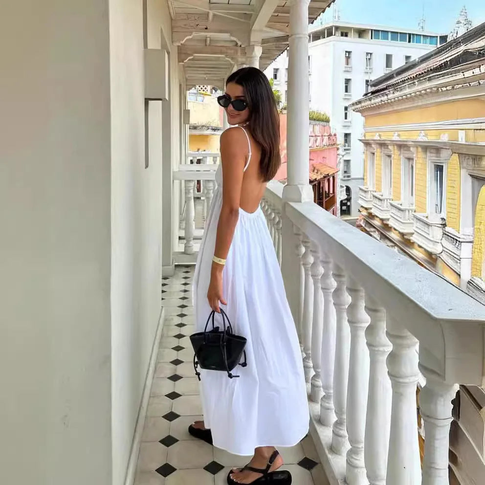 Summer 100% Cotton White Dresses Women Clothing Sleeveless Maxi Long One Piece Dress Spaghetti Strap Backless Beach Sundress New