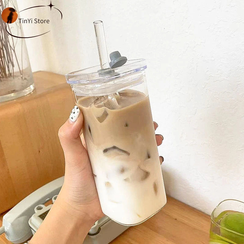 Square Heat Resistant Coffee Glass Cup With Lid and Straw Transparent Milk Tea Juice Cups Coffee Mug For Home Bar Drinkwares