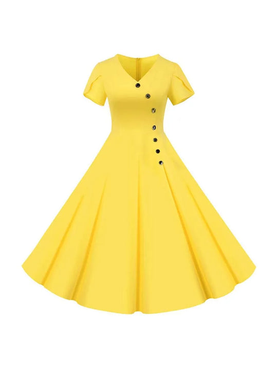 Causal Summer Dress for Women Solid Color V Neck 1950S Elegant Vintage Retro Office Party Sundress Midi Robe