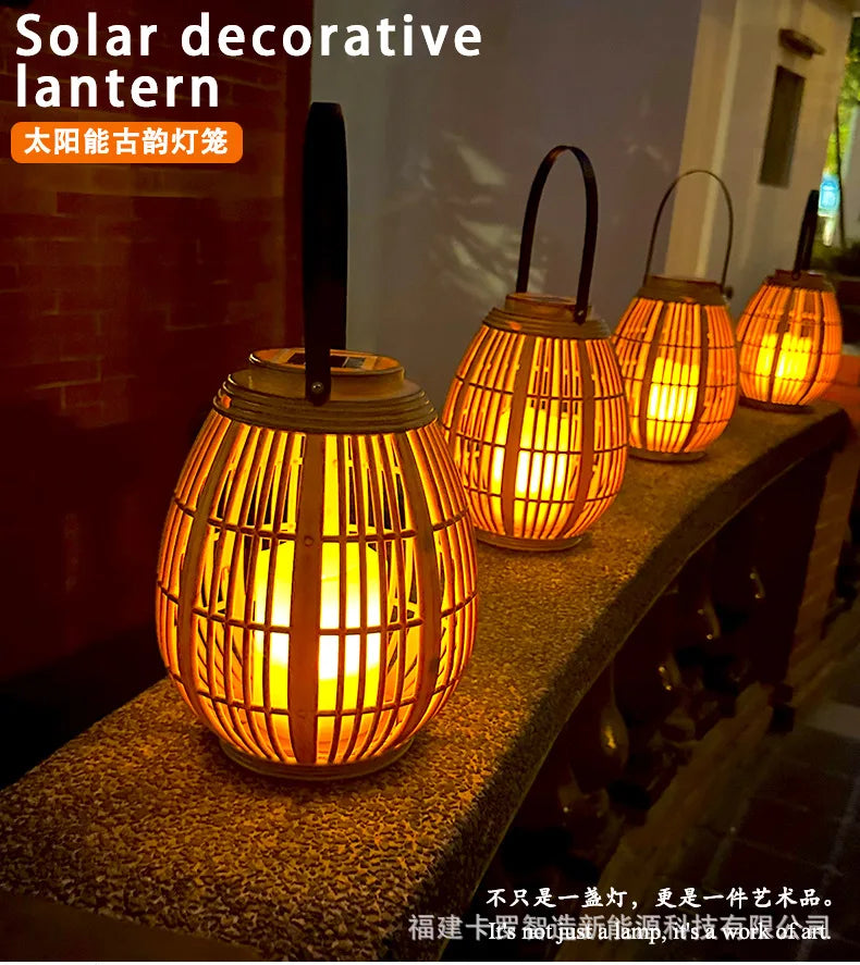 Outdoor Solar Imitation Rattan Lantern Courtyard Balcony Garden Decoration Candle Lights Creative Atmosphere Bamboo Chandelier