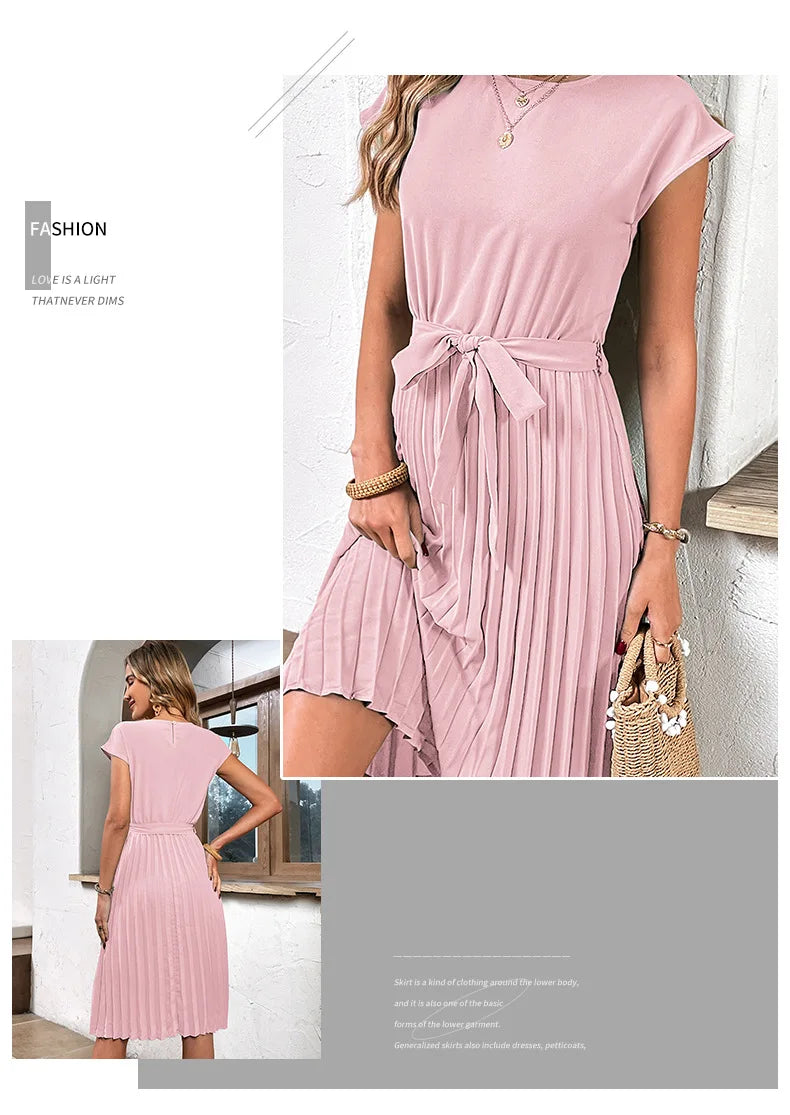 Elegant Women Summer Casual Beach Sundress Short Sleeve Pleated Midi Dress Soild Colour O Neck Tunic Dresses Fashion