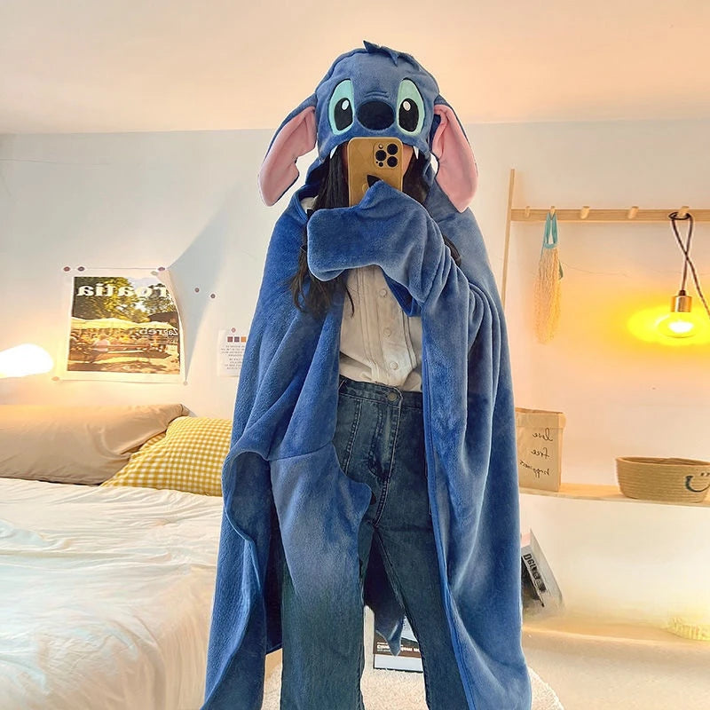 Stitch Hooded Cloak Blanket Cartoon Anime Thickened Big Blanket With Hat Stitch Warm Blanket Student Office Nap Blanket Girl