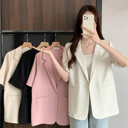 Thin Suit Jacket Women 2024 Summer Casual All Match Single Button Coat Woman Korean Style Loose Balck White Short Sleeve Jackets