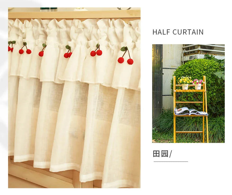 Korean Style Fresh Linen Short Curtain for Kitchen Small Window Half Curtain Cherry Decorative Valance Tulle Door Curtain Drape