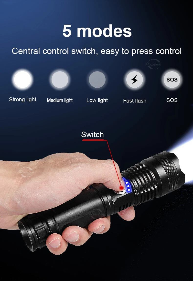 2024 High Power LED Flashlight Rechargeable Ultra Powerful Torch 4 Core Hand Lantern Zoomable 5 Lighting Modes Use of Alloy Make