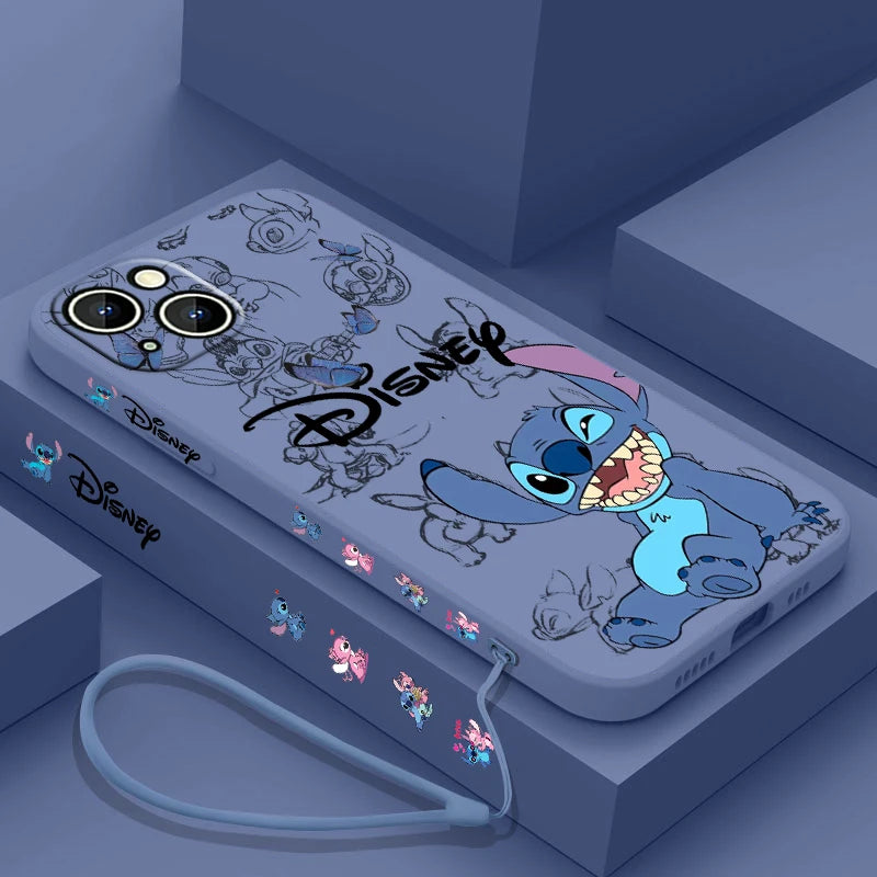 Disney Super Cute Stitch Phone Case For Apple iPhone 15 14 13 12 11 Pro Max Plus 8 7 SE Liquid Left Rope Soft Cover