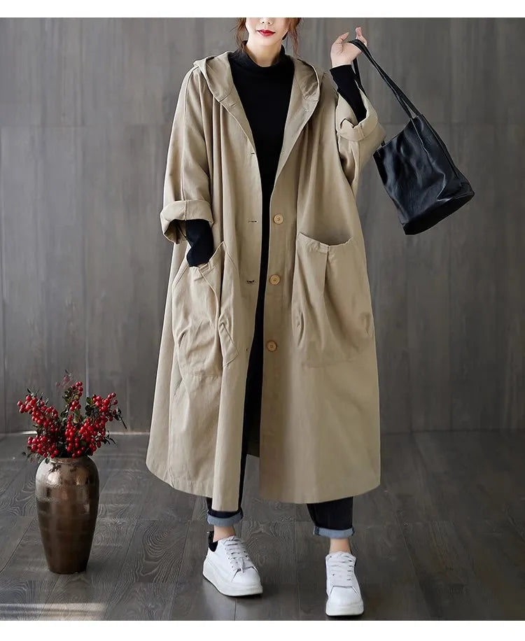 New 2024 Ladies Hooded Trench Coats Solid Loose Single-breasted Long Jacket for Daily Wear Women Windbreaker Casual Outerwear