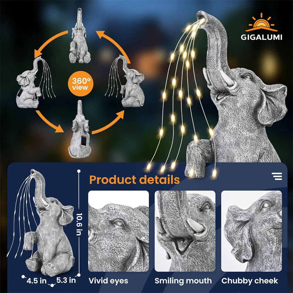 Solar Elephant Statues String Lights for Garden Decor Outdoor Sculptures Lawn Ornaments Birthday Gifts for Mom Grandma Women