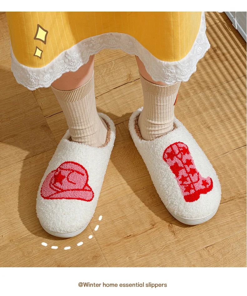 ASIFN Cute Boot Women's Slippers Cowgirl Hat Fluffy Cushion Slides Comfortable Cozy Comfy Smile Houseshoes Laides Winter Shoes