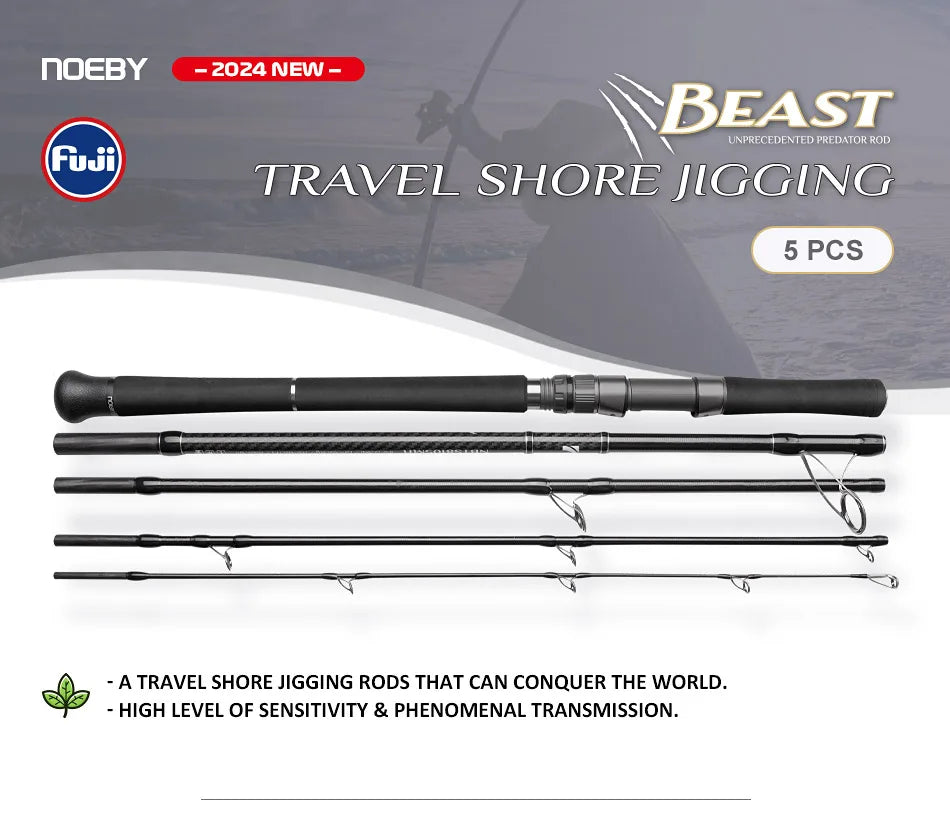 Noeby 5 sections Beast Travel Shore Jigging Fishing Rod 2.7m 2.9m 10kg Drag Lure 80g Fuji Set Boarding Spinning Rods Fishing Rod