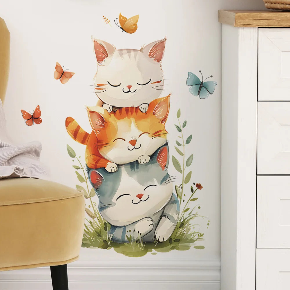 Cute Cats Overlap Wall Stickers Kids Room Decoration Mural Baby Bedroom Home Decor Cartoon Kitten Self-adhesive Decals Beautify