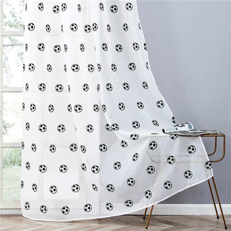 Cartoon Black Football Embroidery Sheer Curtains for Bedroom Boys Girl Children Nursery Faux Linen Voile Short Window Drapes