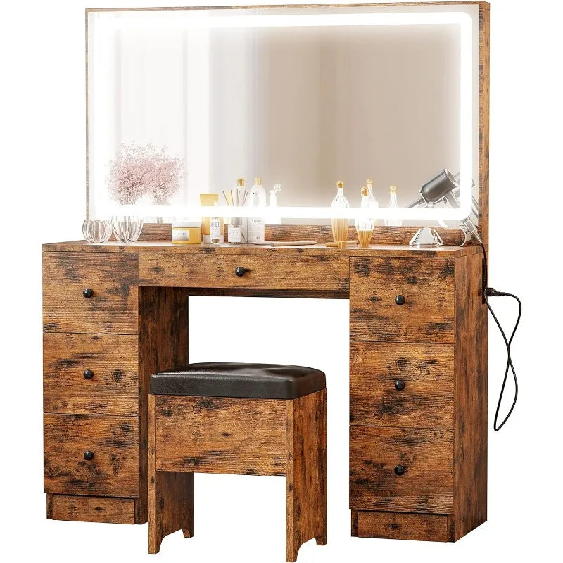 Vanity Desk Set with LED Lighted Mirror & Power Outlet, 7 Drawers Makeup Vanities Dressing Table with Stool, for Bedroom