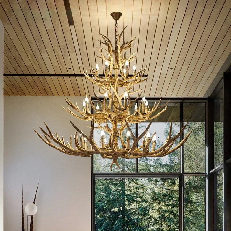 America Style Antler Deer Chandelier for Living Room Loft Large Resin Deer Hanging Lamp Fixture Farmhouse BIg Hanging Light