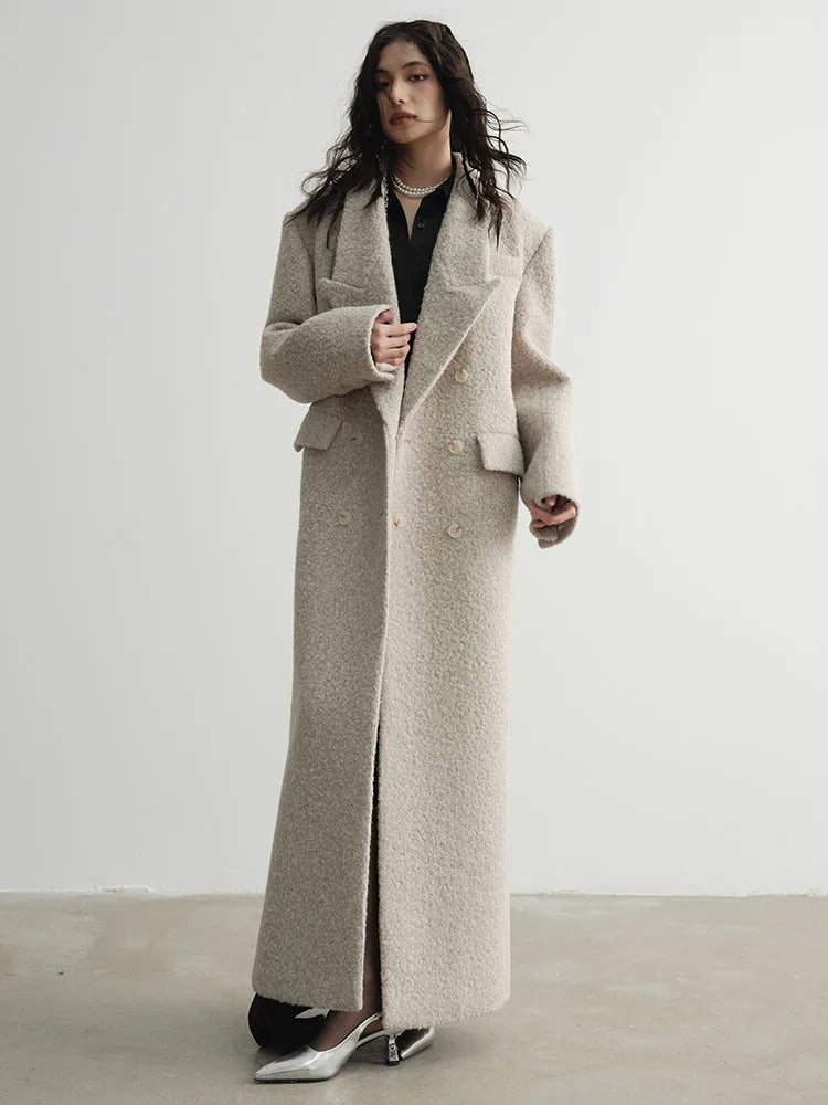 [EAM] 30% Wool X-Long Big Size Warm Woolen Coat New Lapel Long Sleeve Women Jacket Fashion Tide Autumn Winter 2024 1DH4053