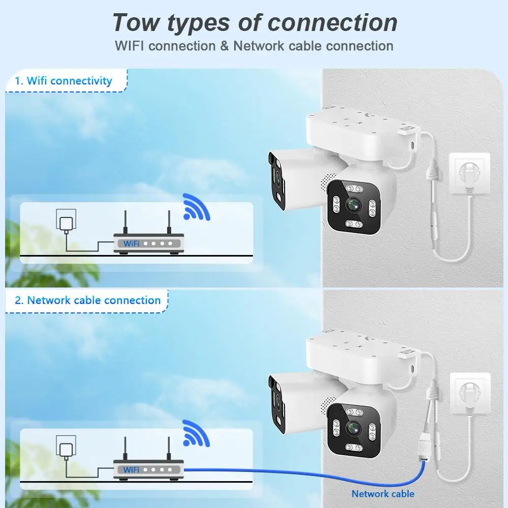 AIOOK Security Camera Outdoor Waterproof Dual Lens HD 8MP 4K 10X Zoom WiFi CCTV Night Vision Two-Way Intercom PTZ Remote Viewing