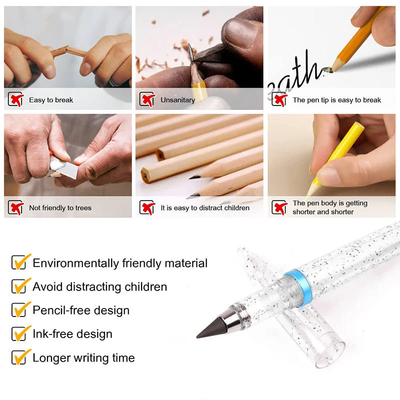 60pcs Durable Unlimited Writing Inkless Pen HB Forever Pencil Acrylic Pen No Dirty Erasable Drawing Office School Stationary