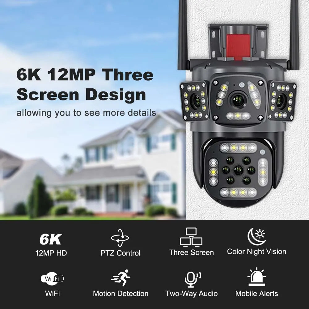 6K 12MP WiFi IP Camera Outdoor 360° Video Surveillance Security-Protection Three Screen Ai Tracking CCTV Waterproof Street Cam