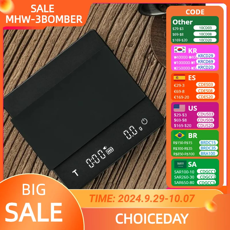 MHW 3BOMBER Smart Coffee Scale with Timer 2kg/0.1g High Precision Kitchen Scales Drip Coffee Espresso Scale Home Barista Tools