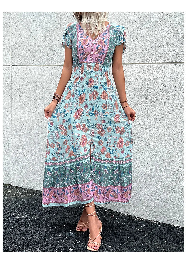 Vintage Floral Boho Printed Vestidos Women Short Sleeves V Neck Slit Midi Dresses A Line Bohemian Summer Beach Dress