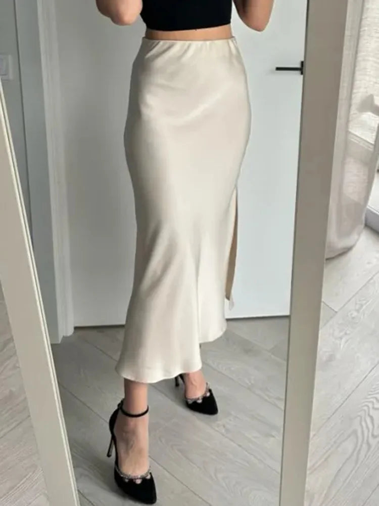 Women Summer Beige Long Skirts Trends 2024 High Waist Maxi Summer Skirt Rayon Silk Pencil Side Slit Satin Skirts For Women