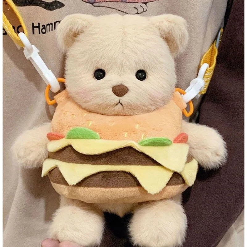 Cute Bear Crossbody Bags for Girls Soft Plush Doll Bear Shoulder Bags Lovely Girls Mini Bags Baby Infant Hamburger Toys Gifts