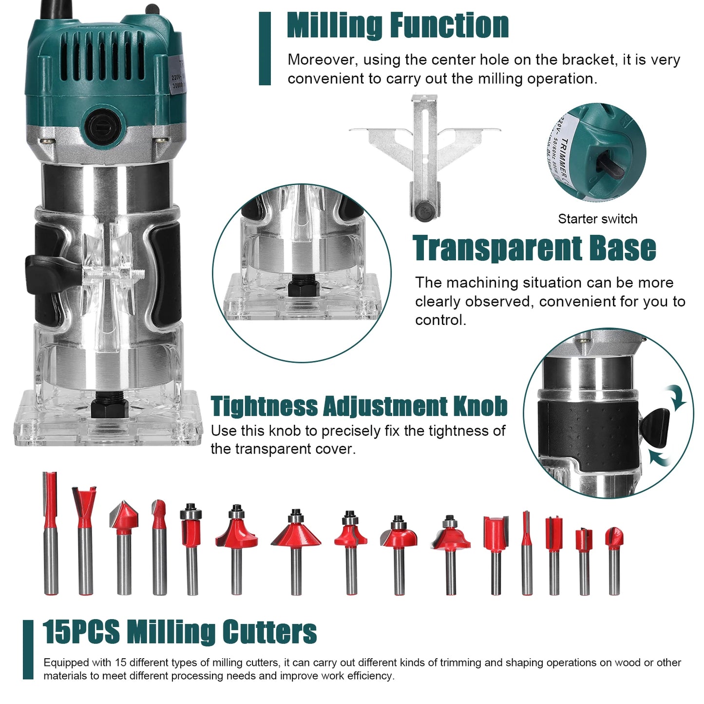 Electric Trimmer Multifunctional Wood Milling Trimming Engraving Slotting Machine Versatile Woodworking Router Power Tool 800W