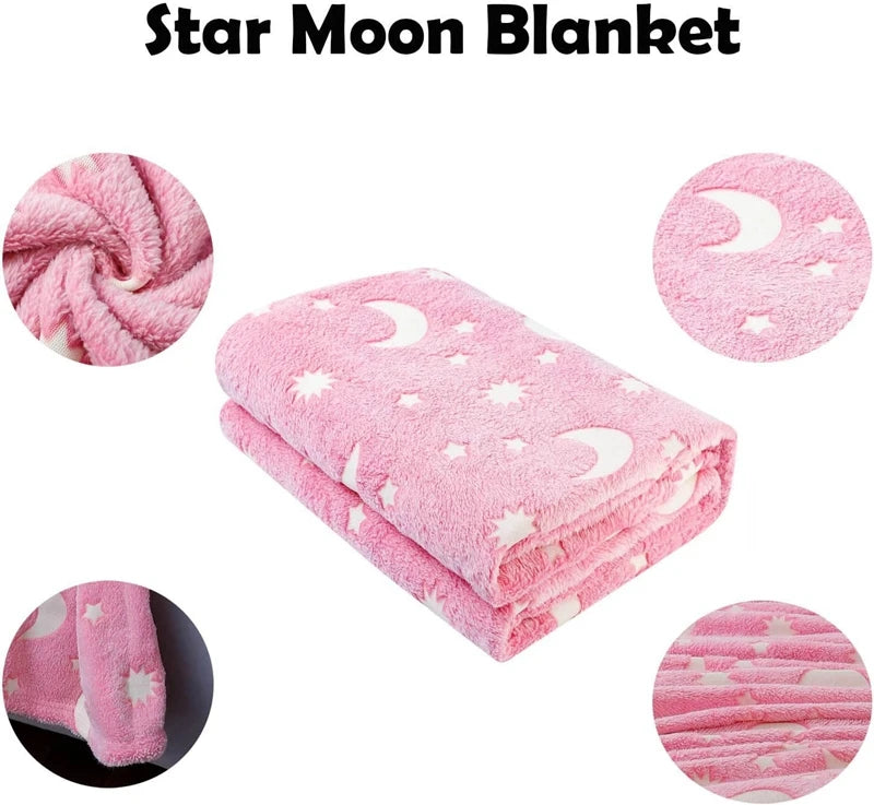 Inyahome Glow in The Dark Throw Blanket Super Soft Fuzzy Fluffy Plush Fleece Decorated with Stars and Moon of Healing Best Gift