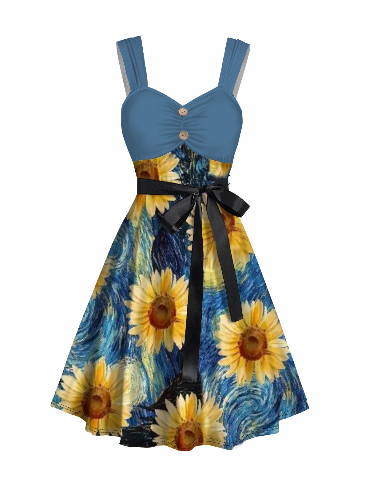 Dressfo Womens Dresses Sweetheart Neck Van Gogh Sunflower Print Mock Button Ruched Bust Tank Belt Renaissance Dress Sundress