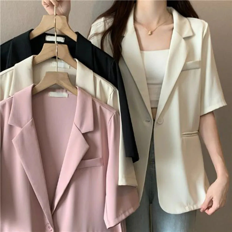 Thin Suit Jacket Women 2024 Summer Casual All Match Single Button Coat Woman Korean Style Loose Balck White Short Sleeve Jackets