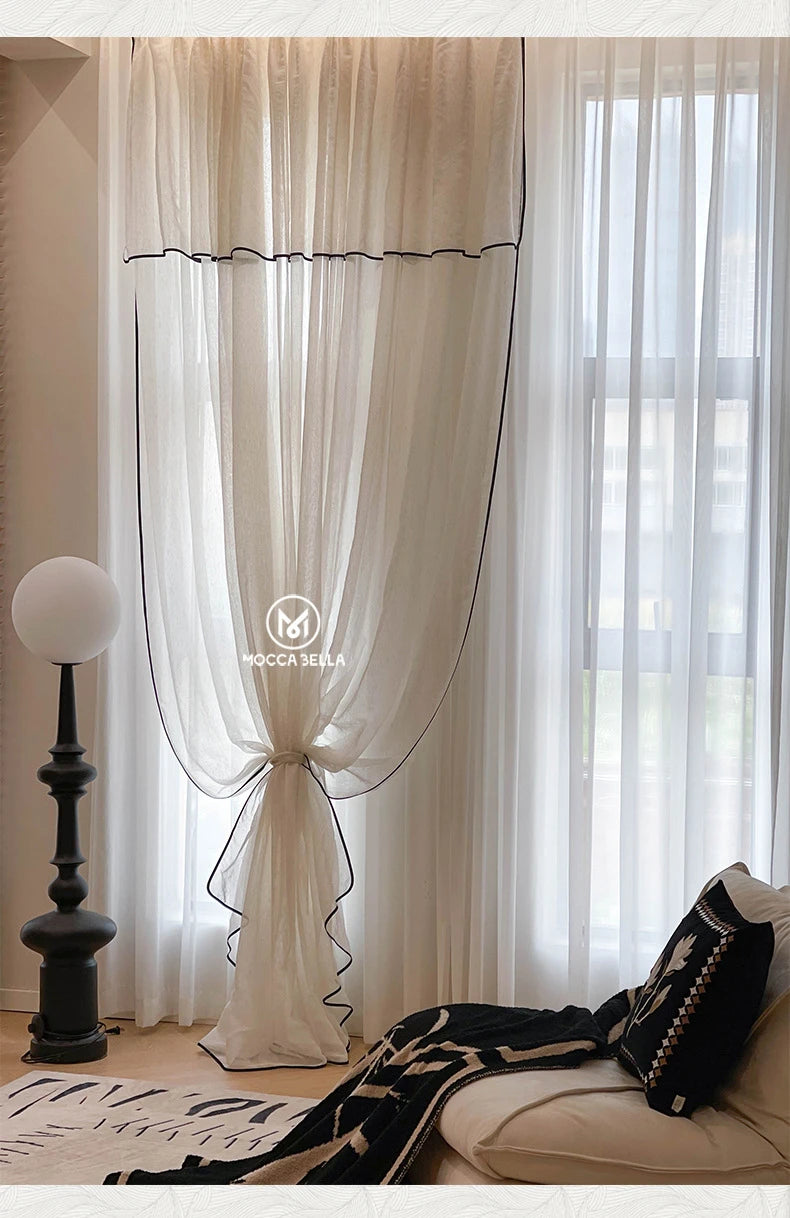 Retro Cream Linen White Tulle Sheer Curtains for Living Room Luxury Bedroom Dining Balcony Black Edge Blackout Gauze Window Door