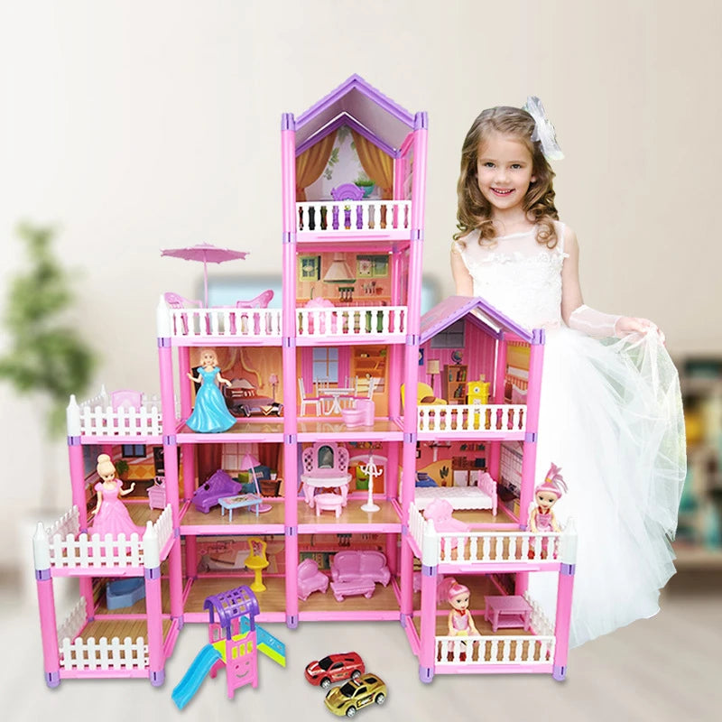 Princess Big Villa DIY Dollhouses Kit Pink Castle House Kit Assembled Doll House Toys Pretend Play Toys Christmas Birthday Gift