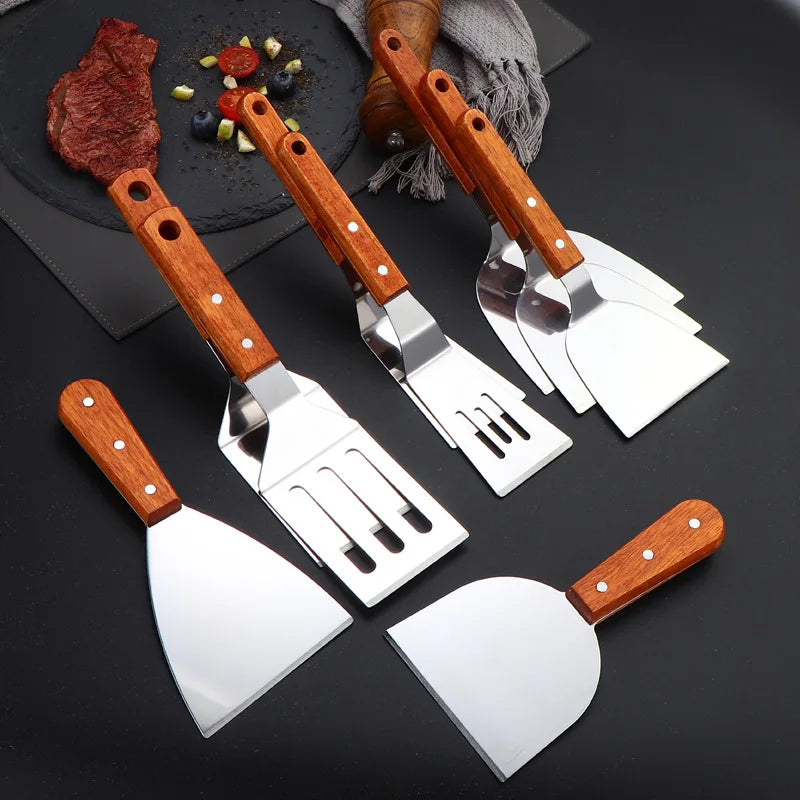 Stainless Steel Wooden Handle Cooking Spatula Steak Pancake Frying Shovel Teppanyaki Scraper Barbecue Tool Kitchen Accessories